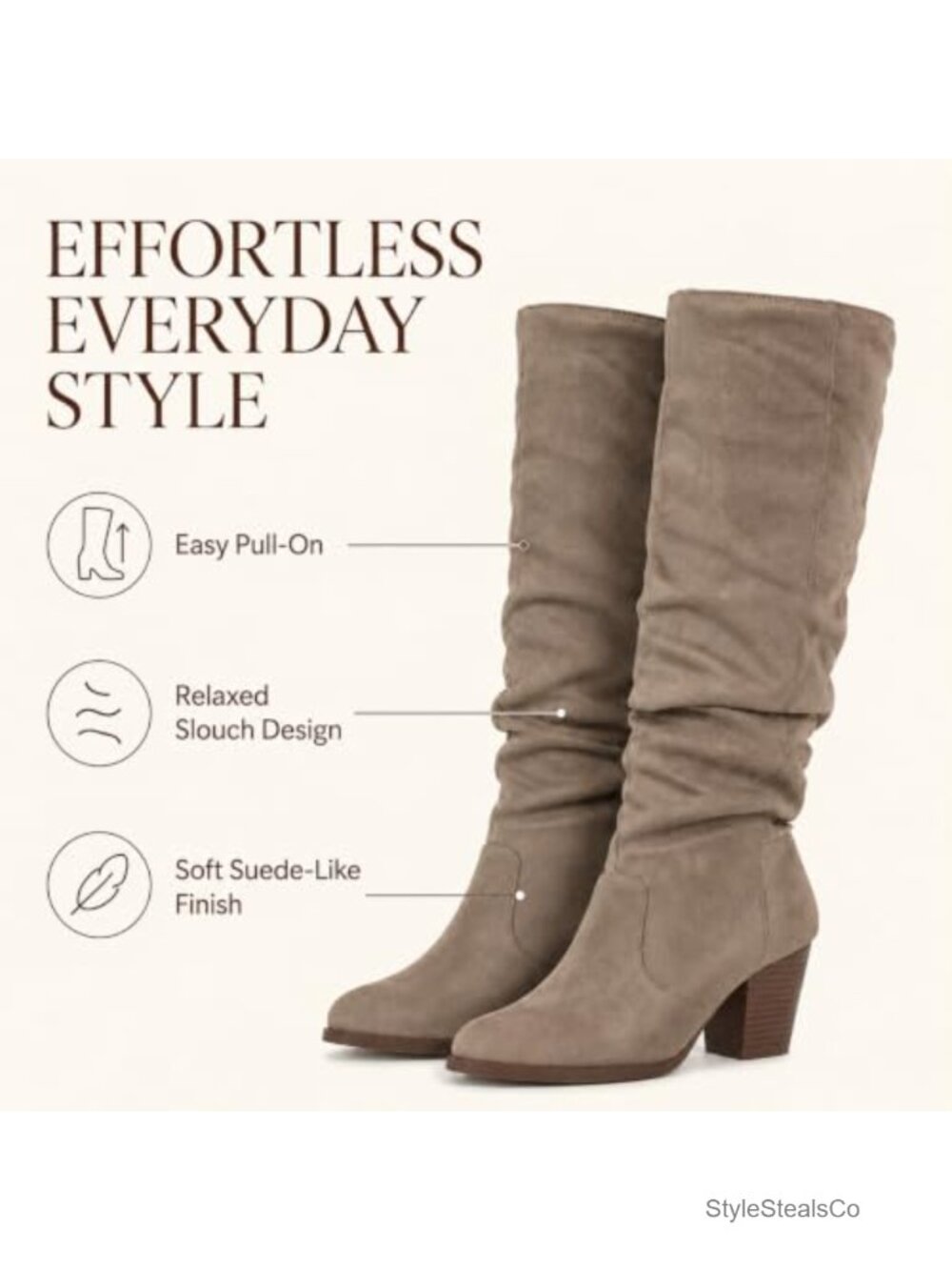 Slouchy Knee High Block Heel Boots Vegan Almond Toe Pull On - Picture 6 of 6